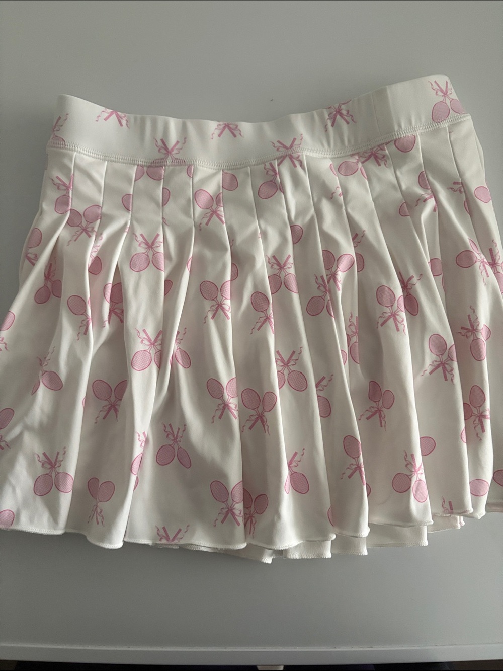 LoveShackFancy White Pleated Mini Skirt with Pink Tennis Print